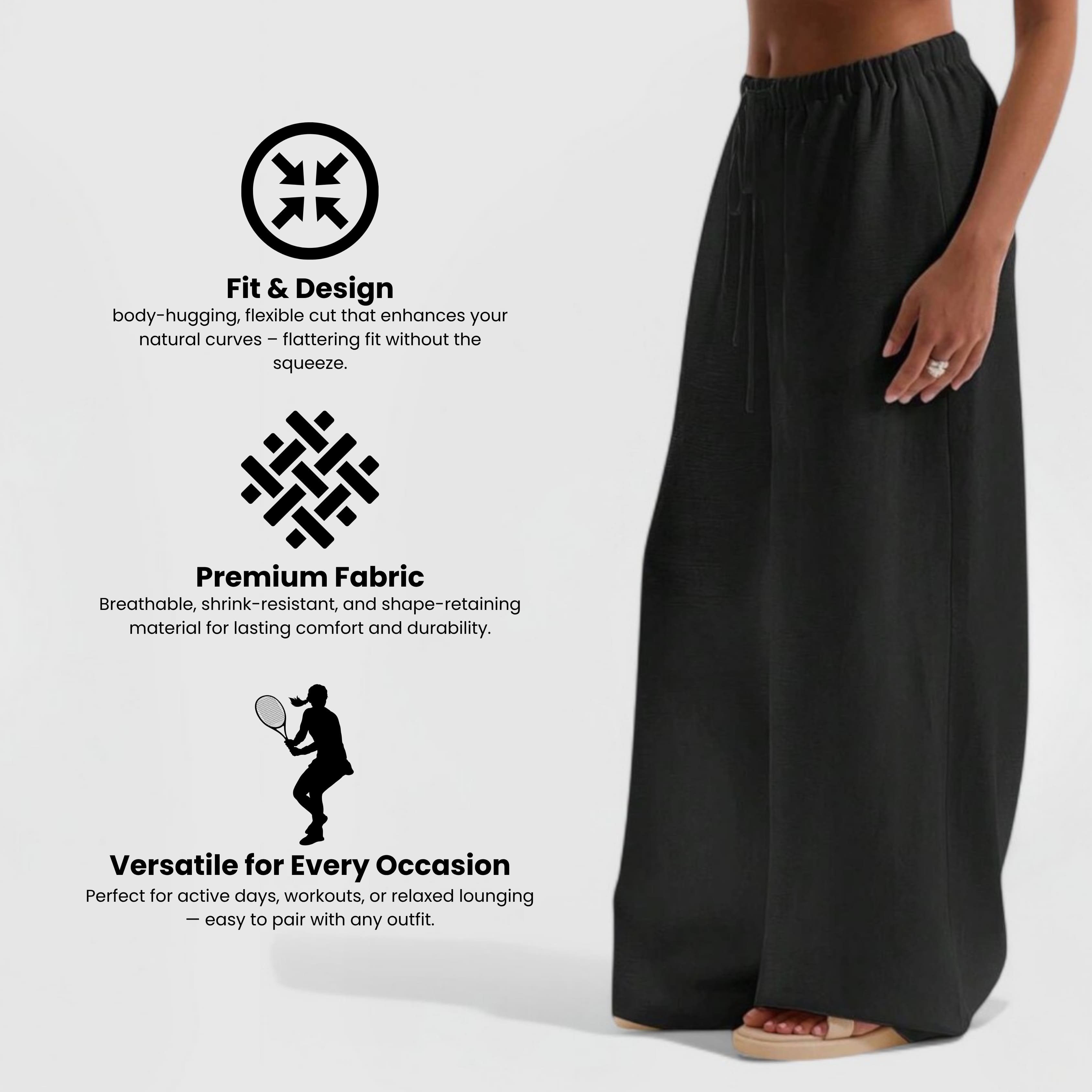 Relaxed Linen Pants - Black featuring wide-leg fit, elastic waistband, breathable fabric, and side pockets for versatile comfort.