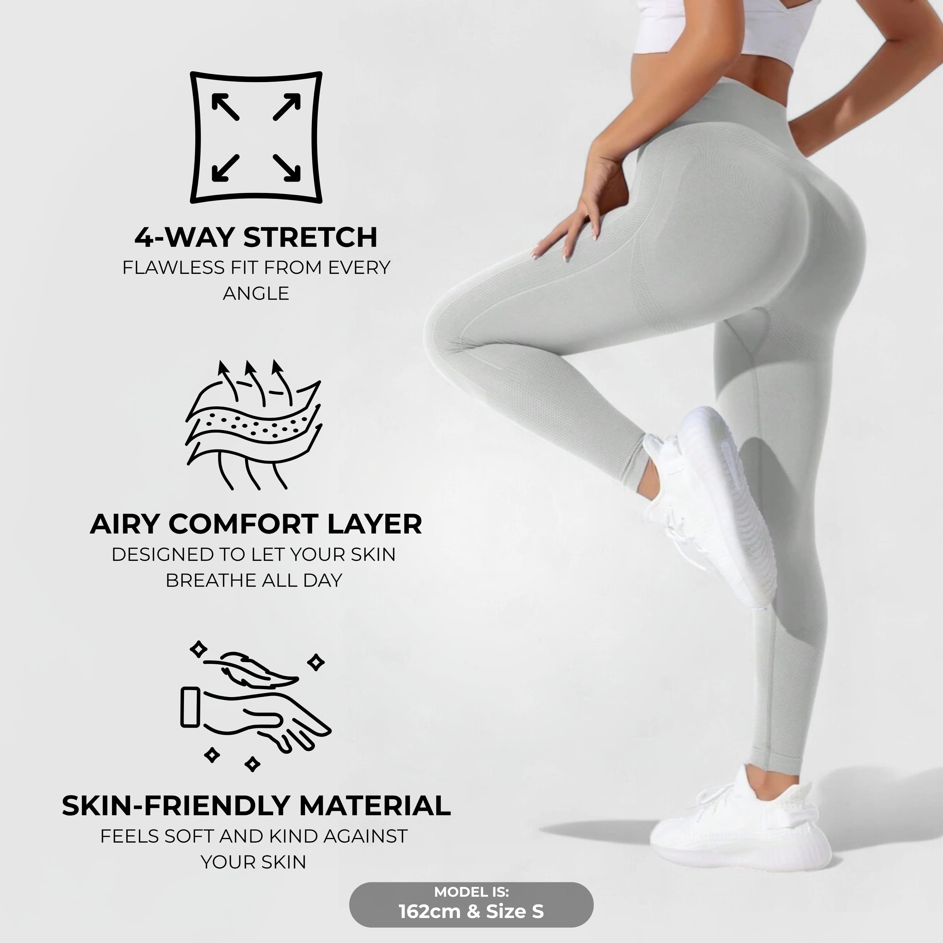 FLEXFORM™ Seamless Leggings - Grey shown on model highlighting 4-way stretch, airy comfort, and skin-friendly material.