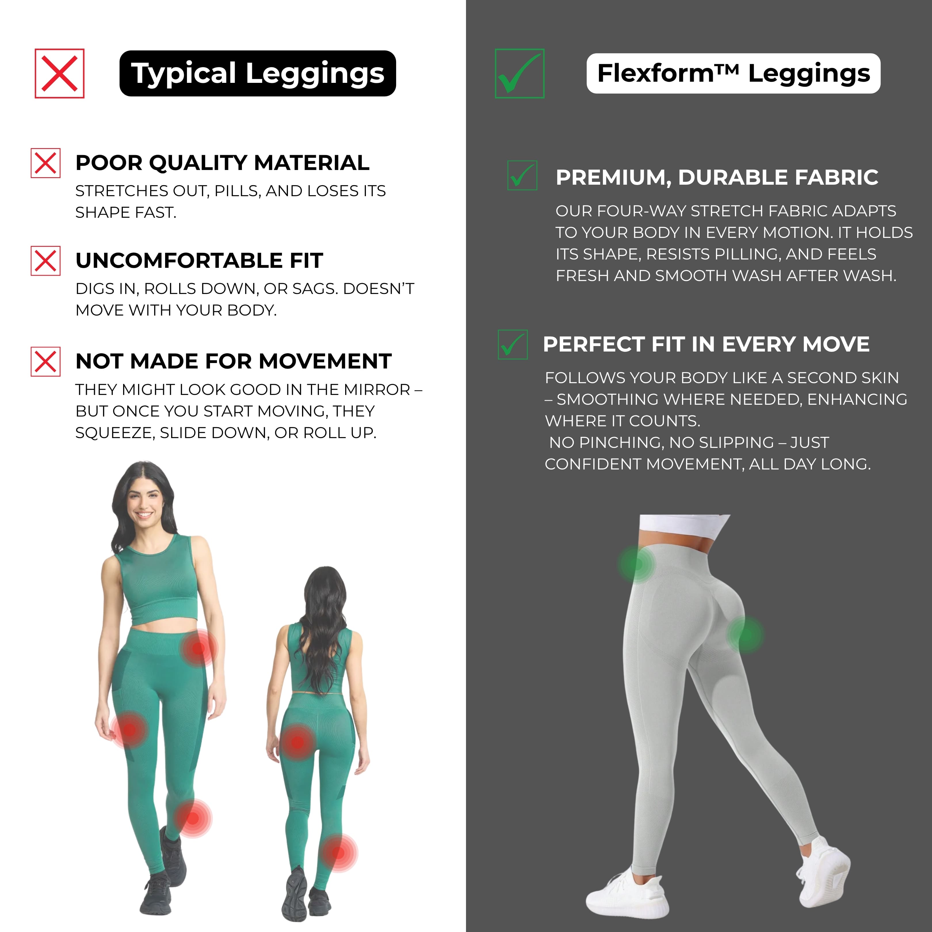 Comparison of typical leggings with poor fit and Flexform™ Seamless Leggings - Stone showing premium fabric and perfect fit.