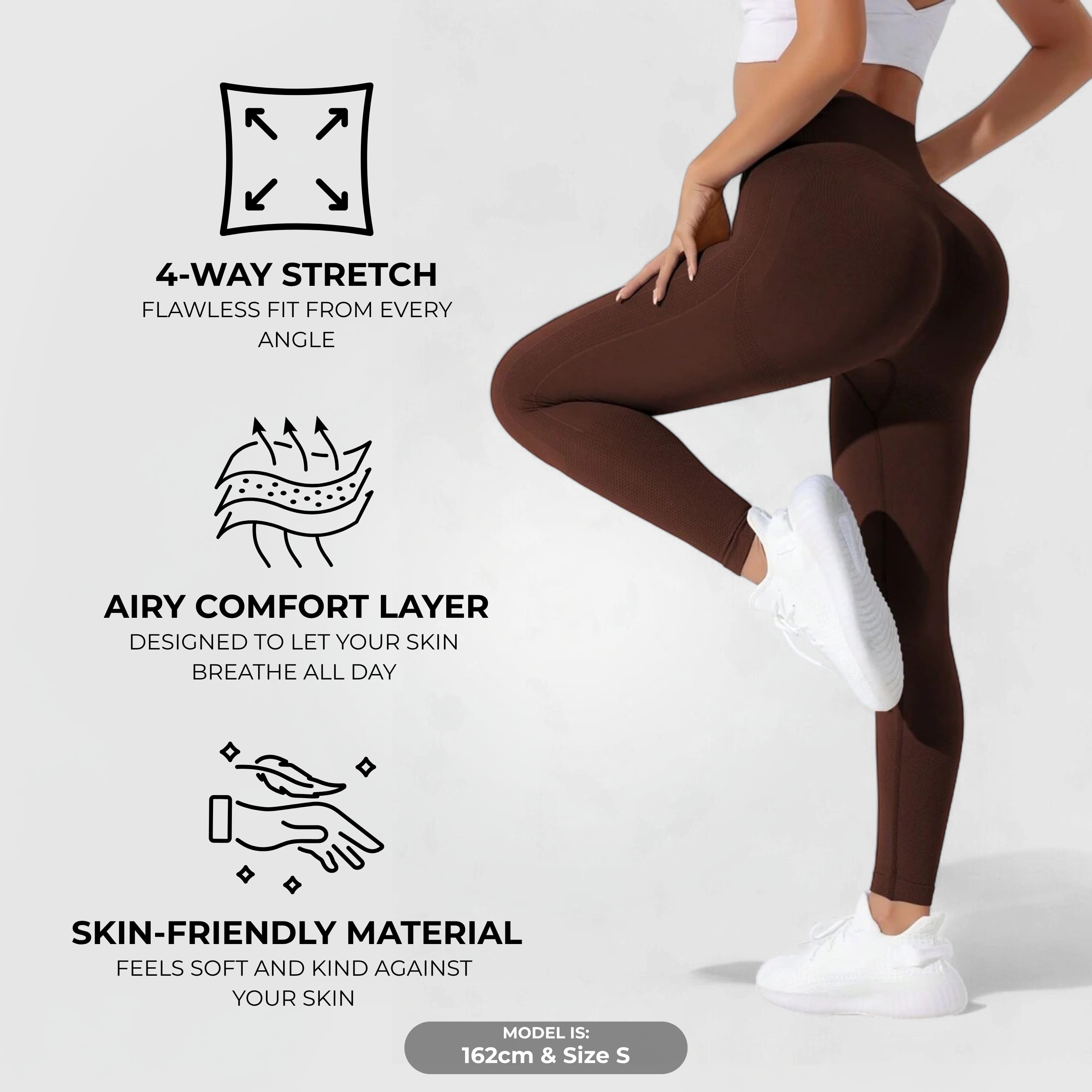 FLEXFORM™ Seamless Leggings - Mocha showcasing high-rise, contour fit with 4-way stretch, airy comfort, and skin-friendly material.