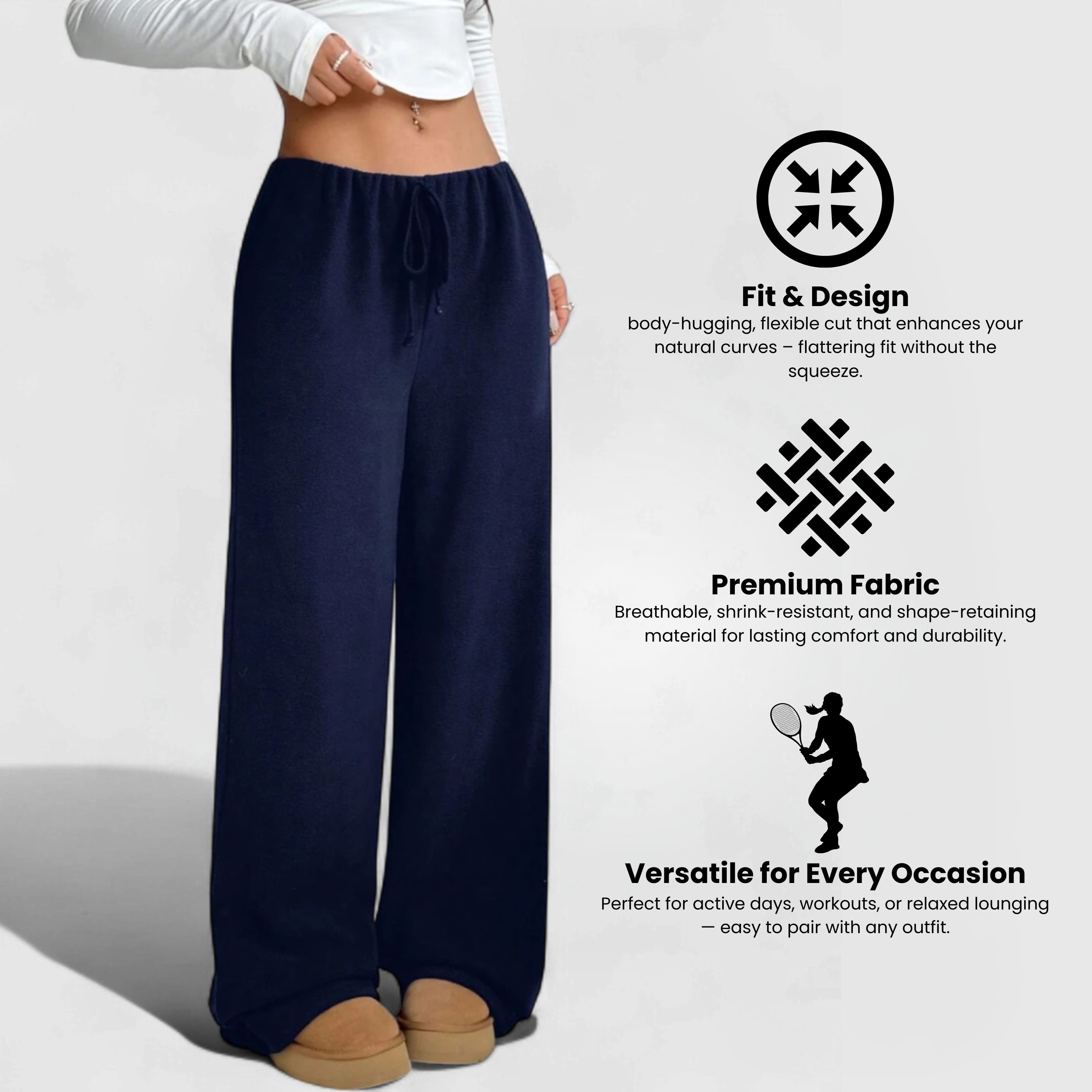 Cozy Fleece Joggers - Blue with relaxed fit, stretchy waistband, soft fleece interior, perfect for lounging or running errands.