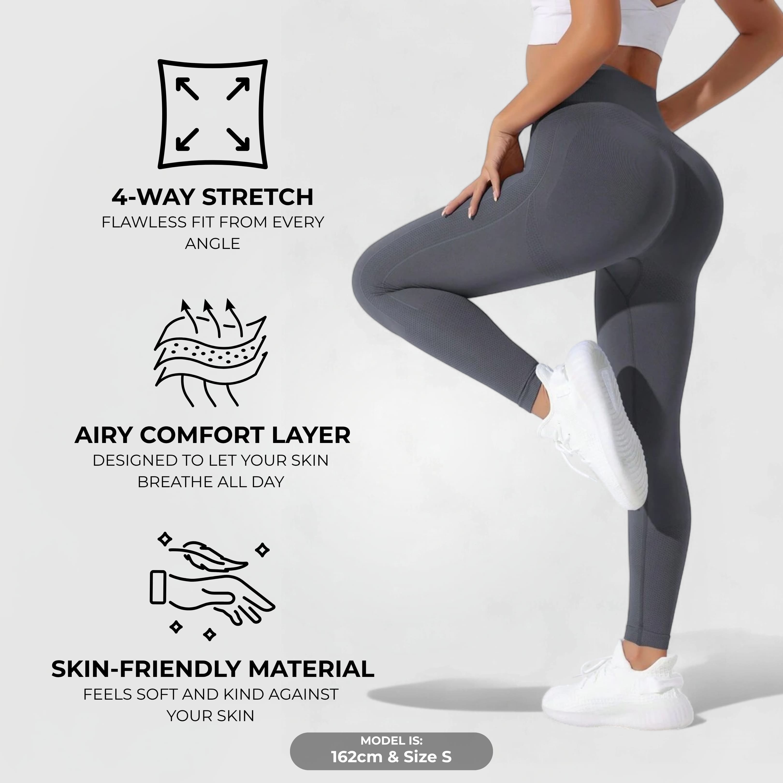 FLEXFORM™ Seamless Leggings - Stone highlighting 4-way stretch, airy comfort, and skin-friendly material on model size S.