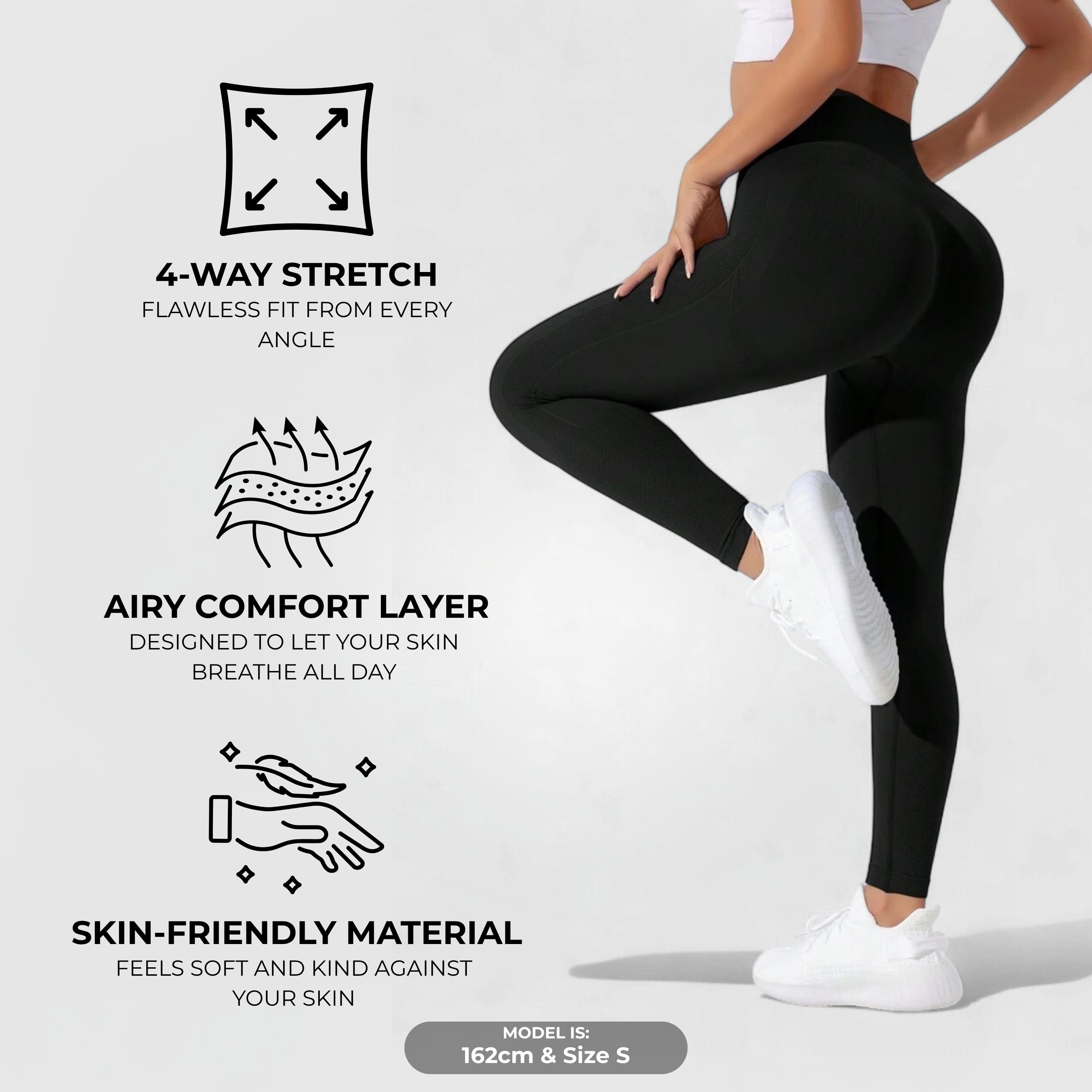 FLEXFORM™ Seamless Leggings - Black shown with 4-way stretch, airy comfort layer, and skin-friendly material.